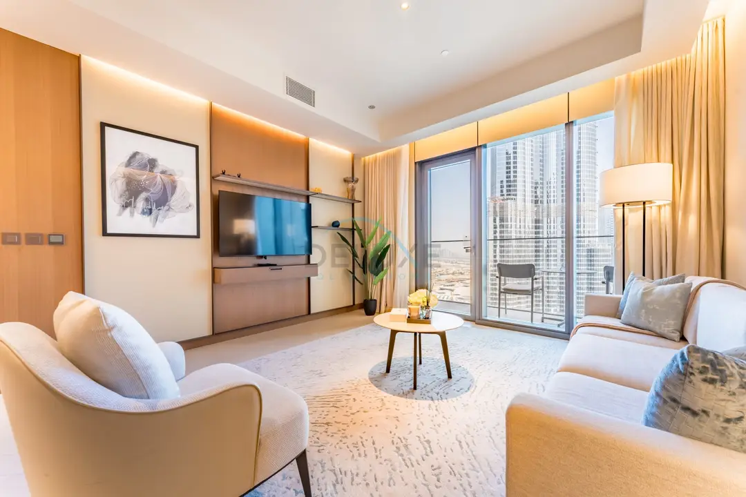 Overlooking Burj Khalifa and Fountain Views from Living to Bedrooms — Downtown Dubai